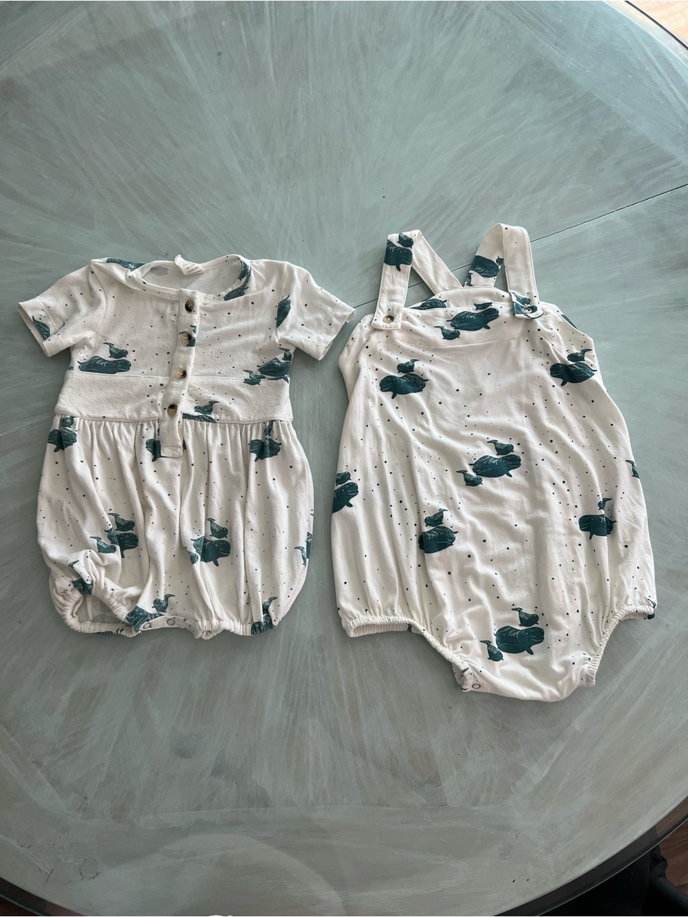 kate quinn White Baby Romper with Teal Whale Motif